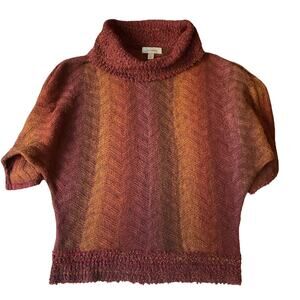 Dressbarn Women Sweatshirt PETITE M Burgundy Chevron Short Sleeve Turtleneck